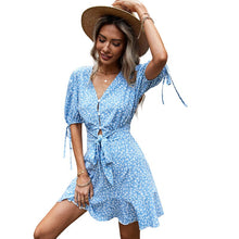 Load image into Gallery viewer, Women Summer Beach Chiffon Dress Casual Short Sleeve Polka Dot Dress Boho Mini Party Dress Elegant V Neck Sundress Vestidos