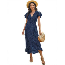 Load image into Gallery viewer, Women Summer Bohemian Floral Casual Wrap V Neck Ruffle Cap Short Sleevele Belt A-Line Pleated Hem Swing Midi Sun Dress