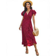 Load image into Gallery viewer, Women Summer Bohemian Floral Casual Wrap V Neck Ruffle Cap Short Sleevele Belt A-Line Pleated Hem Swing Midi Sun Dress