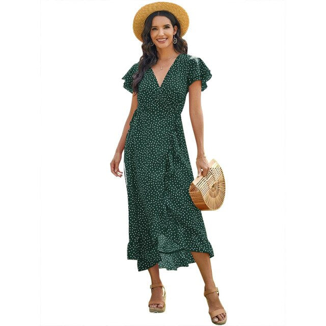 Women Summer Bohemian Floral Casual Wrap V Neck Ruffle Cap Short Sleevele Belt A-Line Pleated Hem Swing Midi Sun Dress