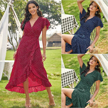 Load image into Gallery viewer, Women Summer Bohemian Floral Casual Wrap V Neck Ruffle Cap Short Sleevele Belt A-Line Pleated Hem Swing Midi Sun Dress