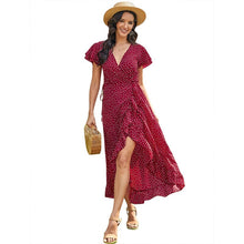 Load image into Gallery viewer, Women Summer Bohemian Floral Casual Wrap V Neck Ruffle Cap Short Sleevele Belt A-Line Pleated Hem Swing Midi Sun Dress