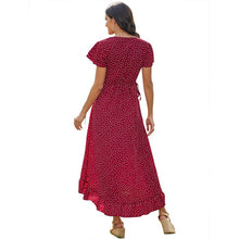 Load image into Gallery viewer, Women Summer Bohemian Floral Casual Wrap V Neck Ruffle Cap Short Sleevele Belt A-Line Pleated Hem Swing Midi Sun Dress