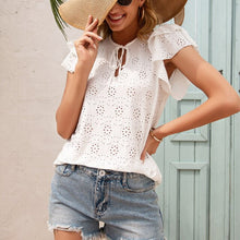 Load image into Gallery viewer, Women Summer Bow Lace Up Blouses Soild O-Neck Ruffles Short Sleeve Hook Flower Hollow Shirt Ladies Cute Fashion Tops Blusa Mujer