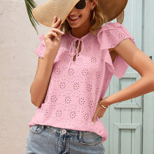 Load image into Gallery viewer, Women Summer Bow Lace Up Blouses Soild O-Neck Ruffles Short Sleeve Hook Flower Hollow Shirt Ladies Cute Fashion Tops Blusa Mujer