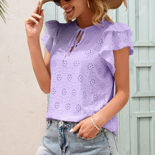 Load image into Gallery viewer, Women Summer Bow Lace Up Blouses Soild O-Neck Ruffles Short Sleeve Hook Flower Hollow Shirt Ladies Cute Fashion Tops Blusa Mujer