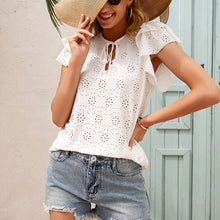 Load image into Gallery viewer, Women Summer Bow Lace Up Blouses Soild O-Neck Ruffles Short Sleeve Hook Flower Hollow Shirt Ladies Cute Fashion Tops Blusa Mujer