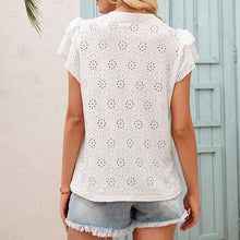 Load image into Gallery viewer, Women Summer Bow Lace Up Blouses Soild O-Neck Ruffles Short Sleeve Hook Flower Hollow Shirt Ladies Cute Fashion Tops Blusa Mujer