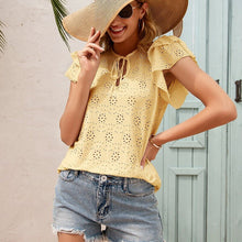 Load image into Gallery viewer, Women Summer Bow Lace Up Blouses Soild O-Neck Ruffles Short Sleeve Hook Flower Hollow Shirt Ladies Cute Fashion Tops Blusa Mujer