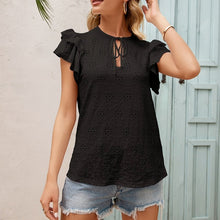 Load image into Gallery viewer, Women Summer Bow Lace Up Blouses Soild O-Neck Ruffles Short Sleeve Hook Flower Hollow Shirt Ladies Cute Fashion Tops Blusa Mujer