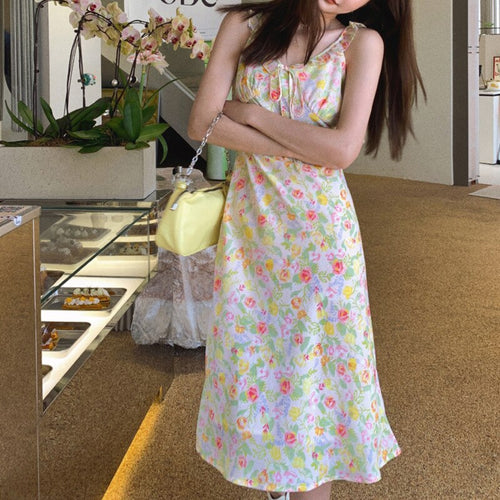 Women Summer  Dress 2021 Flower Printed V-Neck Ruffle Stitching Vintage Sleeveless Robe Sexy Slim Spaghetti Strap Midi Vestidos