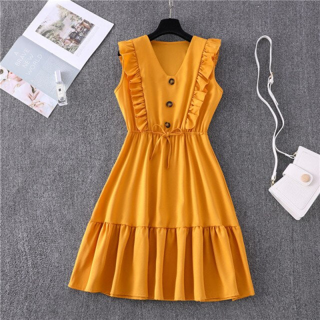 Women Summer Dress Casual Boho Beach Ruffles 2021 Mini Dress Party Sexy V-Neck High Waist Female Dresses