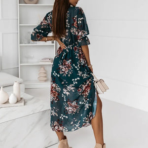 Women Summer Floral Y2k Print Slit Dress Female Casual Elegant Party Dress Vestidos Sexy Button V Neck Short Sleeve Long Dresses