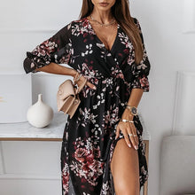 Load image into Gallery viewer, Women Summer Floral Y2k Print Slit Dress Female Casual Elegant Party Dress Vestidos Sexy Button V Neck Short Sleeve Long Dresses