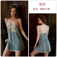 Load image into Gallery viewer, Women Summer Night Sleep Dress Elegant Sling Lace Velvet Pajamas Sexy Solid Color V-Neck Split Fork Mini Nightdress Lingerie Set
