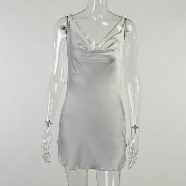 Women Summer Party Dresses Silk Strap Female Sleeveless Mini Dresses Backless Women Sexy Robe Criss Front Pearl Evening Vestido