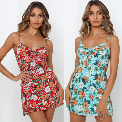 Women Summer Sexy Backless Spaghetti Mini Dress New Arrival 2021 Fashion Blue Bow Slim Print Dresses For Woman Lace Up Vestidos