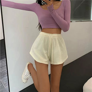 Women Summer Shorts High Elastic Lace Up Drawstring Wide Leg Sweat Short Fitness Running Shorts Loose Casual Large Sports Pants