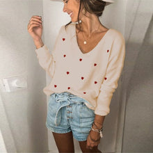 Load image into Gallery viewer, Women Sweaters Casual Love Loose Pullovers Female Long Sleeve V Neck Knitting Tops 2021 Autumn Winter Fashion Vintage Sweater
