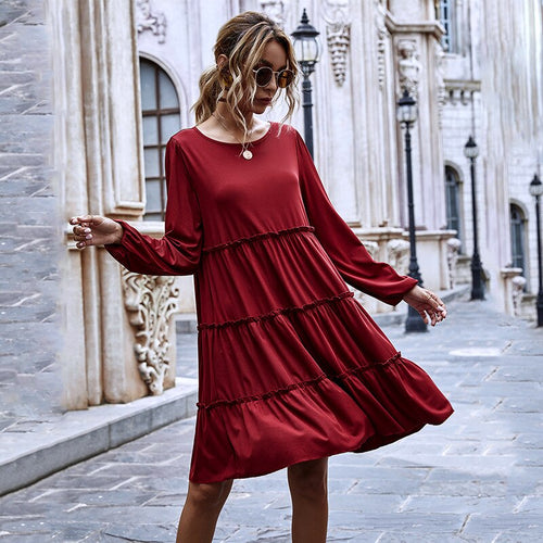 Women Sweet A Line Ruffle Dress Casual Loose O Neck Long Sleeve Solid Color Knee-Length Dress Female Fashion Dresses New Arrival