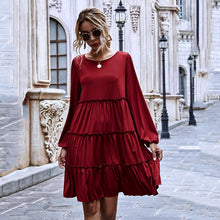 Load image into Gallery viewer, Women Sweet A Line Ruffle Dress Casual Loose O Neck Long Sleeve Solid Color Knee-Length Dress Female Fashion Dresses New Arrival