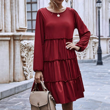 Load image into Gallery viewer, Women Sweet A Line Ruffle Dress Casual Loose O Neck Long Sleeve Solid Color Knee-Length Dress Female Fashion Dresses New Arrival