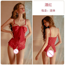 Load image into Gallery viewer, Women Sweet Lace See-through Bow Jumpsuit Sexy Backless High Waist Halter Bikini Open Crotch One-piece Erotic Lingeries Pajamas