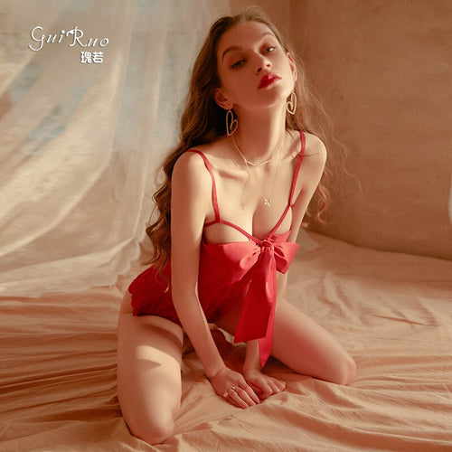 Women Sweet Lace See-through Bow Jumpsuit Sexy Backless High Waist Halter Bikini Open Crotch One-piece Erotic Lingeries Pajamas