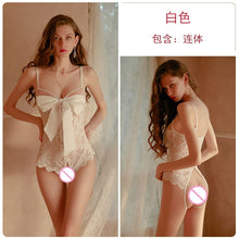 Load image into Gallery viewer, Women Sweet Lace See-through Bow Jumpsuit Sexy Backless High Waist Halter Bikini Open Crotch One-piece Erotic Lingeries Pajamas