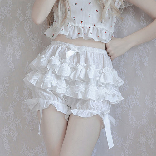Women Sweet Lolita Pantaloons Costume Elastic Waist Layered Ruffle Lace Trim Lantern Shorts Bowknot Bubble Bloomers Under Shorts