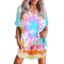 Load image into Gallery viewer, Women Tie Dye V Neck Short Sleeve Loose T-shirt Blouse Shorts Sleepwear Set Tie Dye Loose Style Comfortable to Wear Pajama