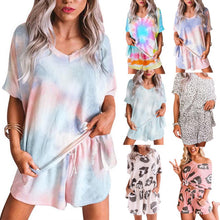 Load image into Gallery viewer, Women Tie Dye V Neck Short Sleeve Loose T-shirt Blouse Shorts Sleepwear Set Tie Dye Loose Style Comfortable to Wear Pajama