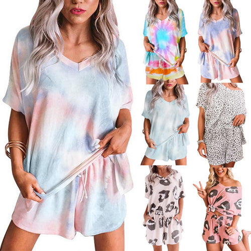 Women Tie Dye V Neck Short Sleeve Loose T-shirt Blouse Shorts Sleepwear Set Tie Dye Loose Style Comfortable to Wear Pajama