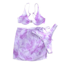 Load image into Gallery viewer, Women Tie-dye Split Swimsuit Set Backless Bikini+Panties+See-through Lace-up Cover Ups