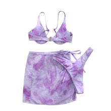 Load image into Gallery viewer, Women Tie-dye Split Swimsuit Set Backless Bikini+Panties+See-through Lace-up Cover Ups