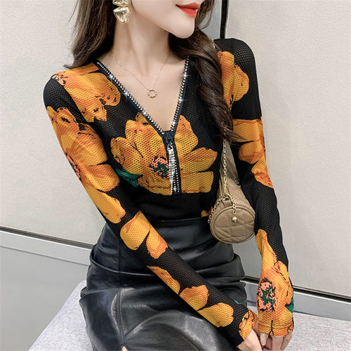 Women Tops And Blouse Floral Print Vintage Blouse Shirt Korean Fashion Sexy Slim Mesh Shirts Undershirt Blusa Feminina