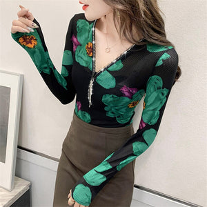 Women Tops And Blouse Floral Print Vintage Blouse Shirt Korean Fashion Sexy Slim Mesh Shirts Undershirt Blusa Feminina