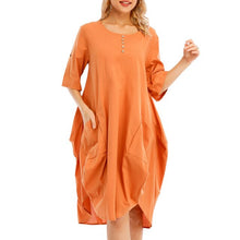 Load image into Gallery viewer, Women Tunic Dress Roll-up Short Sleeve Comfortable Cotton Pockets Irregular Hem Solid Baggy Midi Dress Summer Vestido Female
