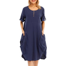 Load image into Gallery viewer, Women Tunic Dress Roll-up Short Sleeve Comfortable Cotton Pockets Irregular Hem Solid Baggy Midi Dress Summer Vestido Female