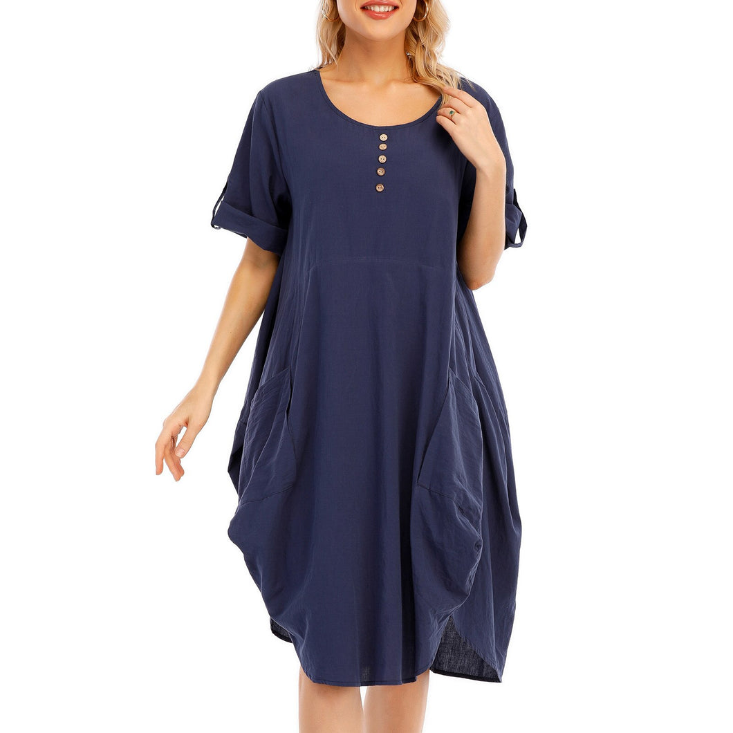 Women Tunic Dress Roll-up Short Sleeve Comfortable Cotton Pockets Irregular Hem Solid Baggy Midi Dress Summer Vestido Female