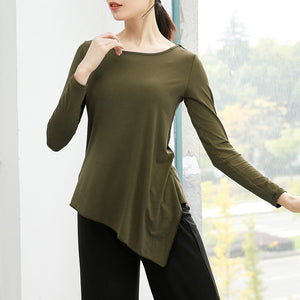 Women Tunic Tops for Dance Asymmetrical Hemline Shirts Elastic Breathable Long Sleeve O-Neck Solid Flowy Casual Tees Dancewear