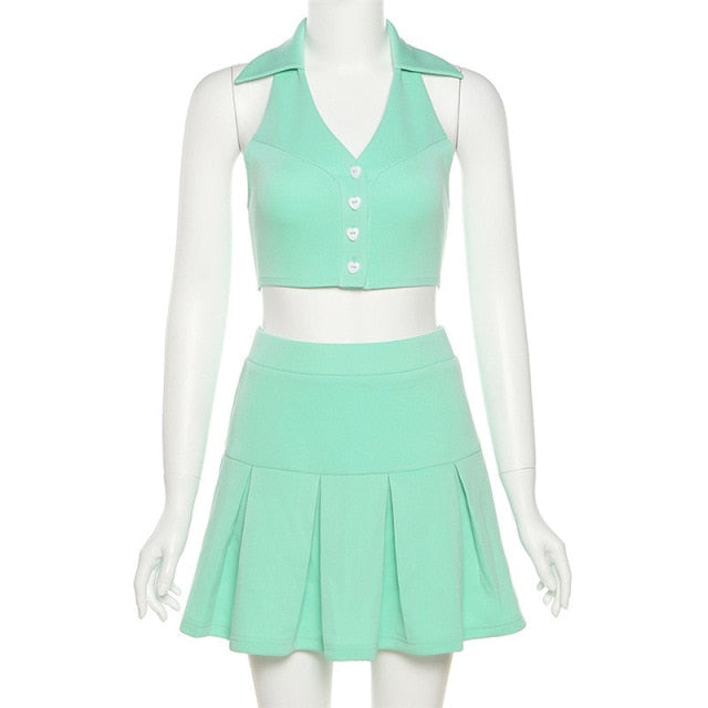 Women Two Piece Outfits 2021 Sexy Crop Top and Pleated Skirt Set Green Outfits 2 Peice Set Women Matching Sets 2 Piece Skirt Set