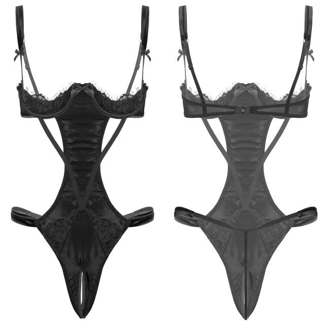 Women Underwear Babydoll Lace Porno Lingerie Bodysuits Hollow Out Erotic Lingerie Jumpsuit Porn Blackless Open Crotch Teddies