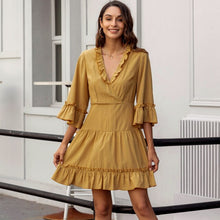 Load image into Gallery viewer, Women V Neck Ruffles Party Dress Lady Flared Seven sleeves Elegant Solid Dress Spring Summer Sweet A Line Mini Dress 2021 Casual