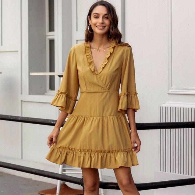Women V Neck Ruffles Party Dress Lady Flared Seven sleeves Elegant Solid Dress Spring Summer Sweet A Line Mini Dress 2021 Casual