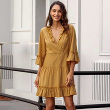 Load image into Gallery viewer, Women V Neck Ruffles Party Dress Lady Flared Seven sleeves Elegant Solid Dress Spring Summer Sweet A Line Mini Dress 2021 Casual
