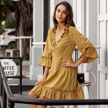 Load image into Gallery viewer, Women V Neck Ruffles Party Dress Lady Flared Seven sleeves Elegant Solid Dress Spring Summer Sweet A Line Mini Dress 2021 Casual