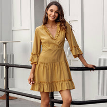 Load image into Gallery viewer, Women V Neck Ruffles Party Dress Lady Flared Seven sleeves Elegant Solid Dress Spring Summer Sweet A Line Mini Dress 2021 Casual