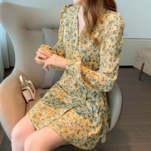 Load image into Gallery viewer, Women V-neck Floral Dress Chiffon Sweet Sexy Short Skirt Spring Autumn Fashion Temperament Dresses Korean Long-Sleeve Dress