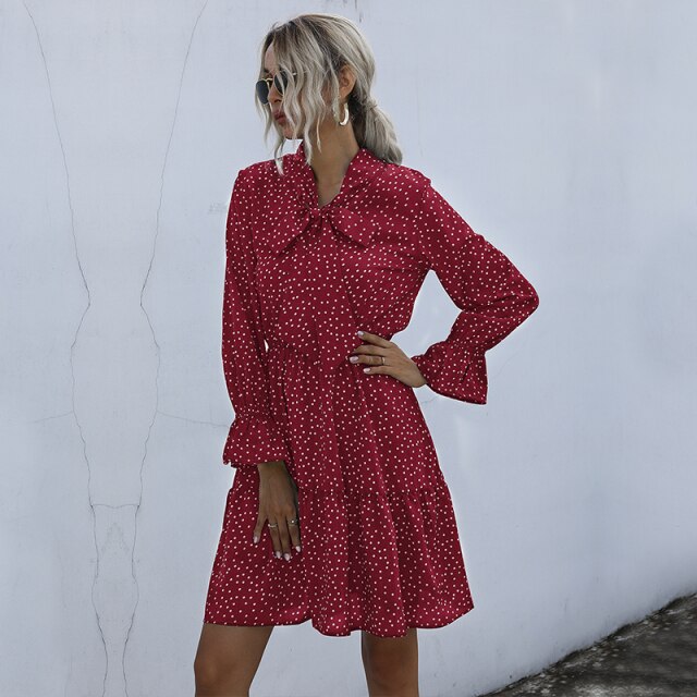 Women Vintage Dot Printed Dress Casual Butterfly Collar Long Sleeve Ruffle Dress Autumn Elegant A Line Dresses 2021 Fashion New